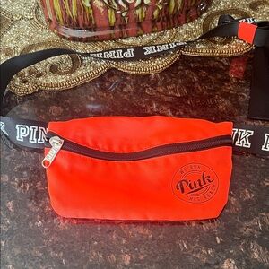 PINK Victoria's Secret Vibrant Orange/Coral Belt Bag Adjustable Insignia Strap